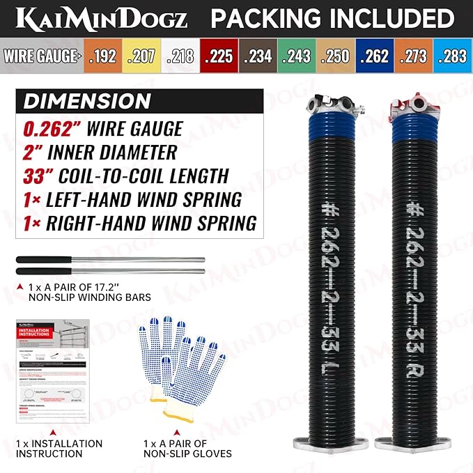 Pair of 2" Garage Door Torsion Springs Set with Non-Slip Winding Bar & Gloves,High Precision Electrophoresis Black Coated, for Replacement & Installation, MIN 16,000 Cycles (0.262x2''x33'')