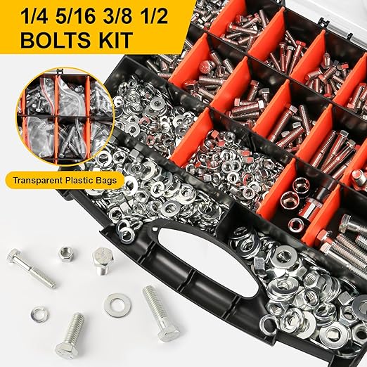 1000PCS Grade 8 Bolt Assortment Kit, Heavy Duty Bolts and Nuts Kit, 1/4-20 5/16-18 3/8-16 1/2-13 SAE Grade 8 Alloy Steel Hex Cap Screws Nuts Washers, Comes with 4 Bits（Zinc Plated）