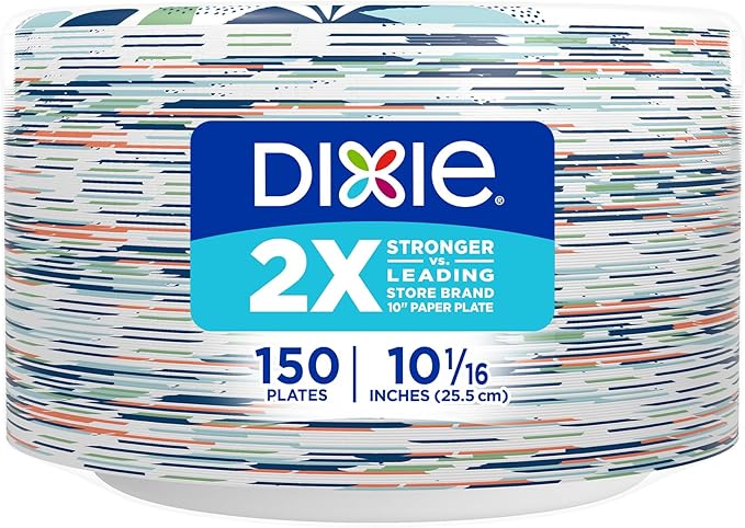 Dixie Large Paper Plates, 10 Inch, 150 Count, 2X Stronger, Microwave-Safe, Soak-Proof, Cut Resistant, Disposable Plates For Everyday Breakfast, Lunch, & Dinner Meals