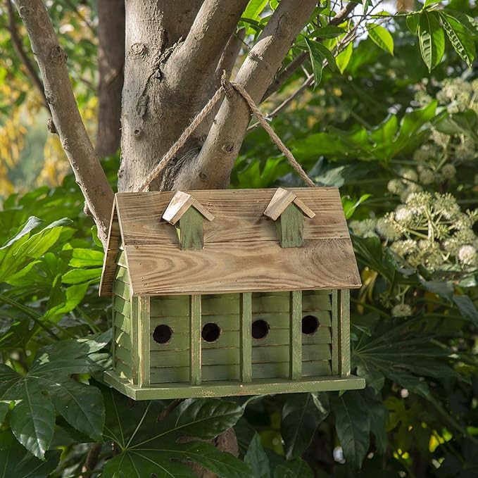 Glitzhome 14.25”L Wood Hanging Birdhouse for Outdoors Oversized Distressed Cottage Bird House Rustic Painted Bird House for Bluebird Wren Chickadee Sparrow Bird Nest Box for Garden Patio, Green
