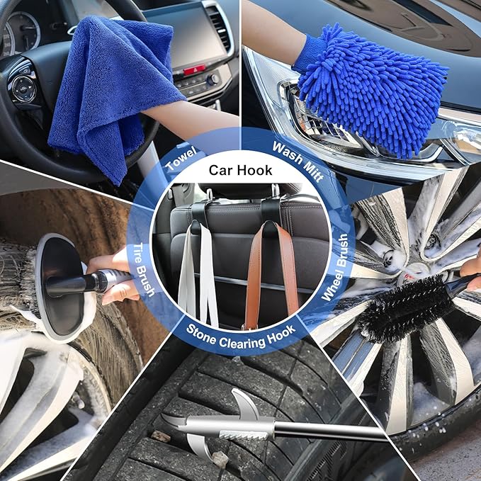 AUTODECO 42Pcs Car Wash Detailing Kit Cleaning Kits with Foam Gun Sprayer Wash Brush with Long Handle Collapsible Bucket Large Wash Mitt Towels Complete Interior Exterior Car Washing Supply Set Blue