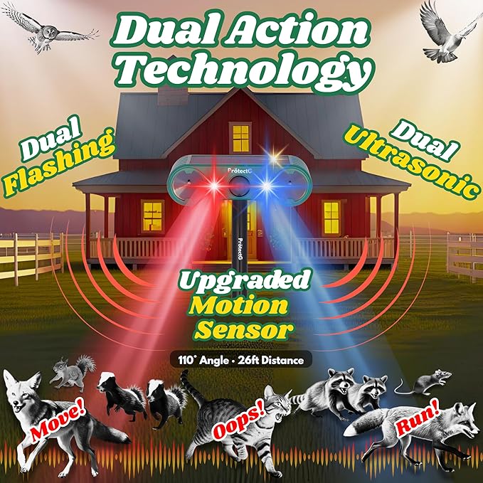 4 Pack Solar Ultrasonic Animal Repellent Outdoor - Maximum Coverage Motion Activate System - Heavy-Duty Waterproof Defense for Coyote, Rat, Wild Dog, Bird, Cat, Deer Repeller, Large Areas