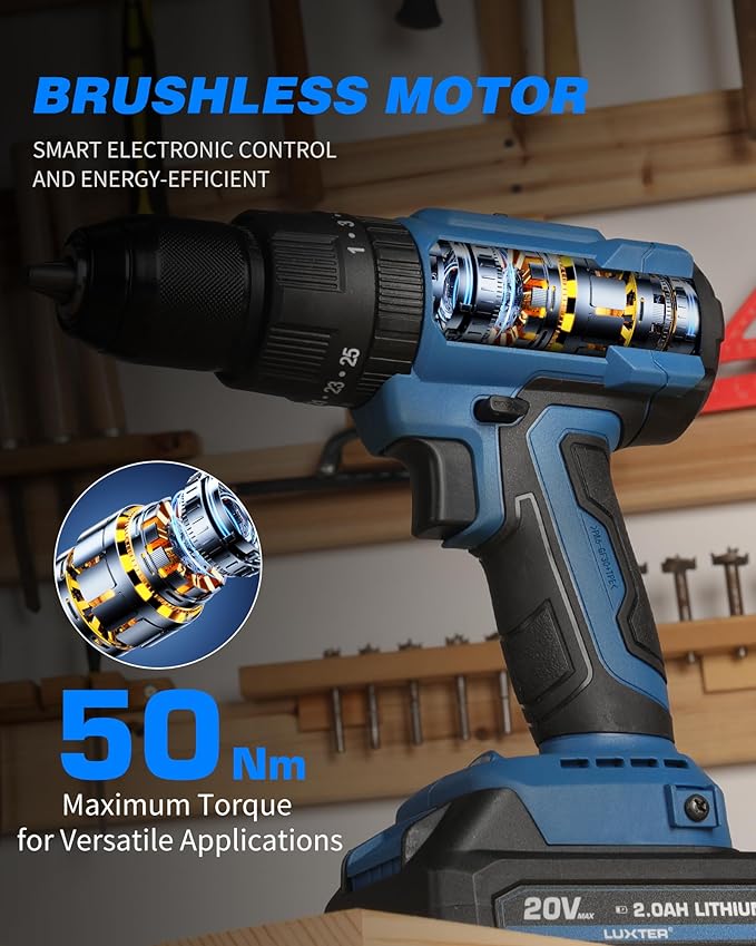 LUXTER 20V Cordless Brushless Drill Set 3/8-Inch Chuck Electric Screwdriver with 2 Variable Speed LED Light 22+1 Torque Setting Electric Drill Kit for Drilling Brick Wall, Metal, Wood Tool