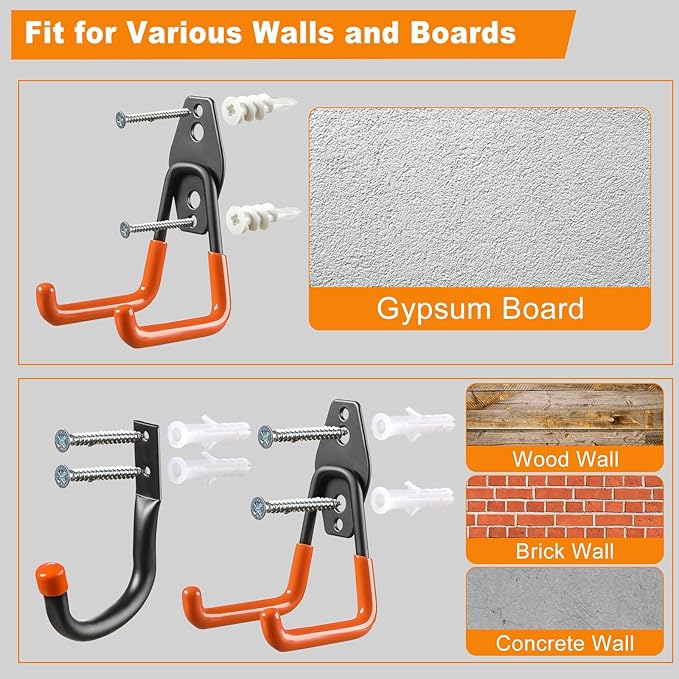 Garage Hooks, 20-Pack Steel Garage Accessories for Organization and Storage, Heavy Wall Mount Duty Hooks with Anti-Slip Coating for Hanging Ladder, Bike, Power Tools and More Tools, Orange