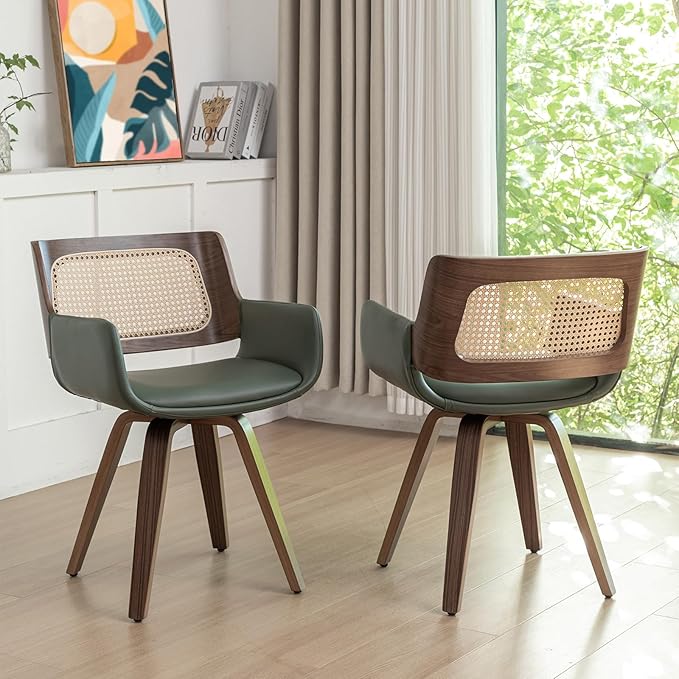 Set of 2 Dining Room Chairs with Arms - Swivel Cane Dining Chairs with Ergonomic Rattan Back, Walnut Bentwood Frame, Curved Arms, Versatile for Restaurant/Living Room/Kitchen (Walnut Green)