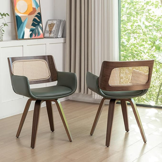 Set of 2 Dining Room Chairs with Arms - Swivel Cane Dining Chairs with Ergonomic Rattan Back, Walnut Bentwood Frame, Curved Arms, Versatile for Restaurant/Living Room/Kitchen (Walnut Green)