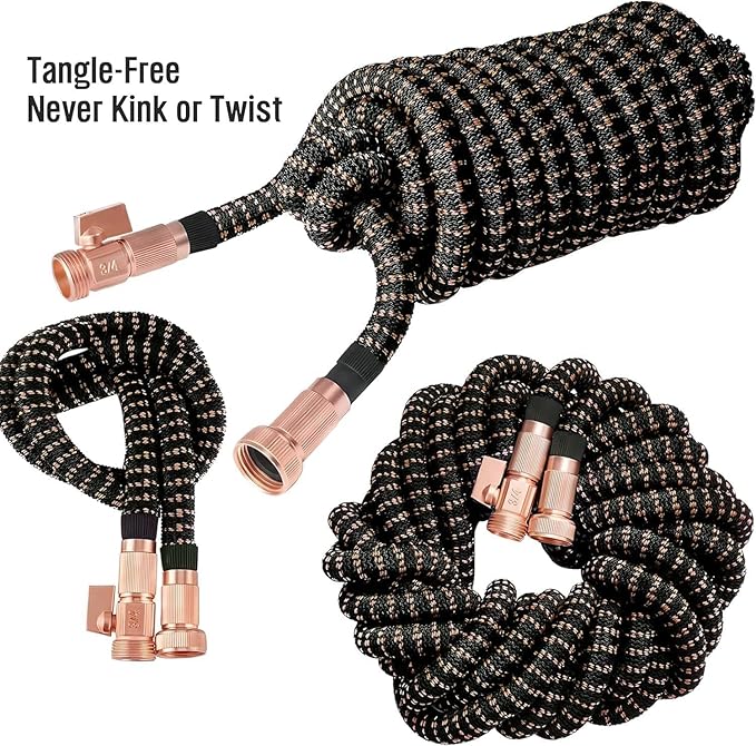 50FT Expandable Garden Hose - with 10-Function Spray Nozzle - Lightweight, Flexible, 3/4" Solid Brass Fittings-champagne