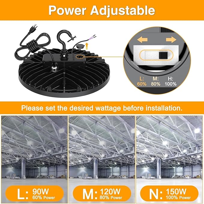 UFO LED High Bay Light 150W 120W 90W Adjustable High Bay LED Shop Lights 4500K 5000K 5700K Tunable 0-10V Dimmable for Warehouse Garage ETL DLC Listed AC100-277V