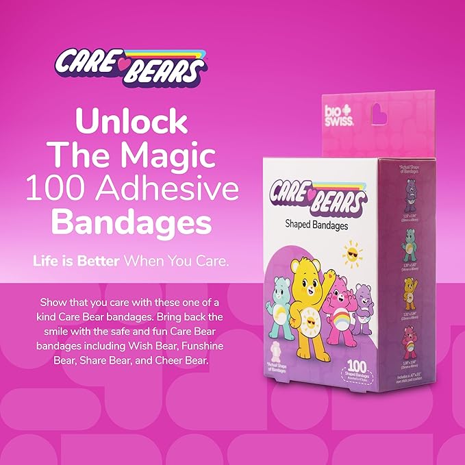 BioSwiss Care Bears Kids Bandages, Unlock The Magic Care Bear Shaped Self Adhesive Bandage Set, Latex Free, Sterile Wound Care, 100 Count