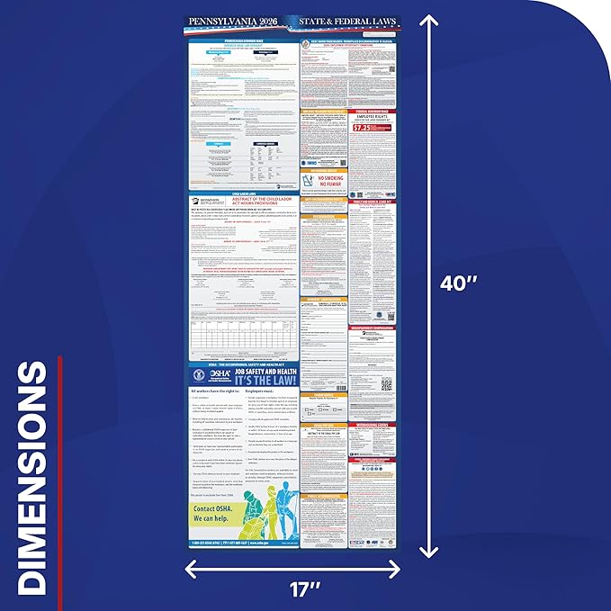 2026 Pennsylvania State and Federal Labor Laws Poster - OSHA Workplace Compliant - Mandatory Regulations Posting for Employees - All-In-One Required Compliance Posting 17" x 40" - Laminated