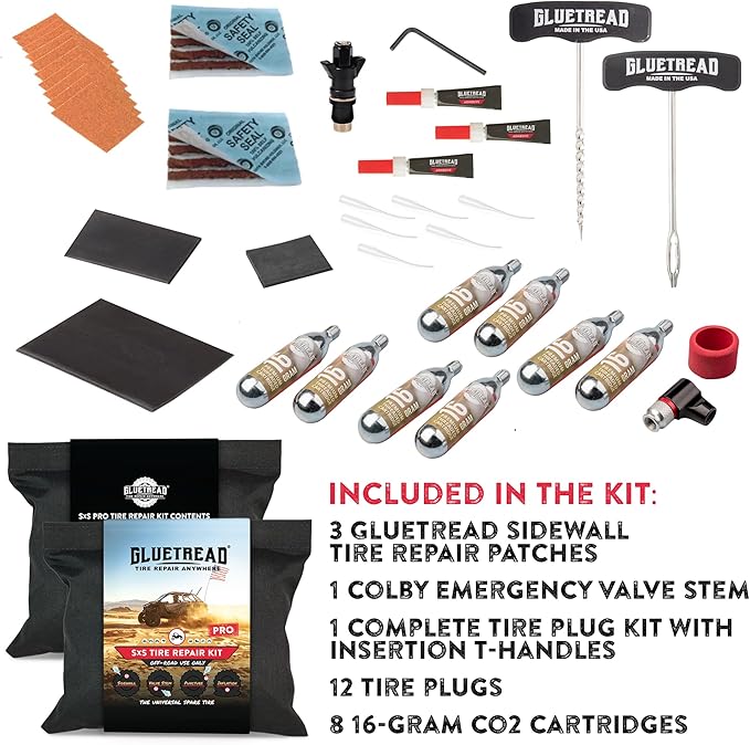 GlueTread SxS Pro Tire Repair Kit Ultimate Off-Road Tire Repair Kit Includes Sidewall Repair Patches, Colby Emergency Valve, Emergency Tire Plug Kit with 12 Plugs, T Handles and 8 CO2 Cartridges