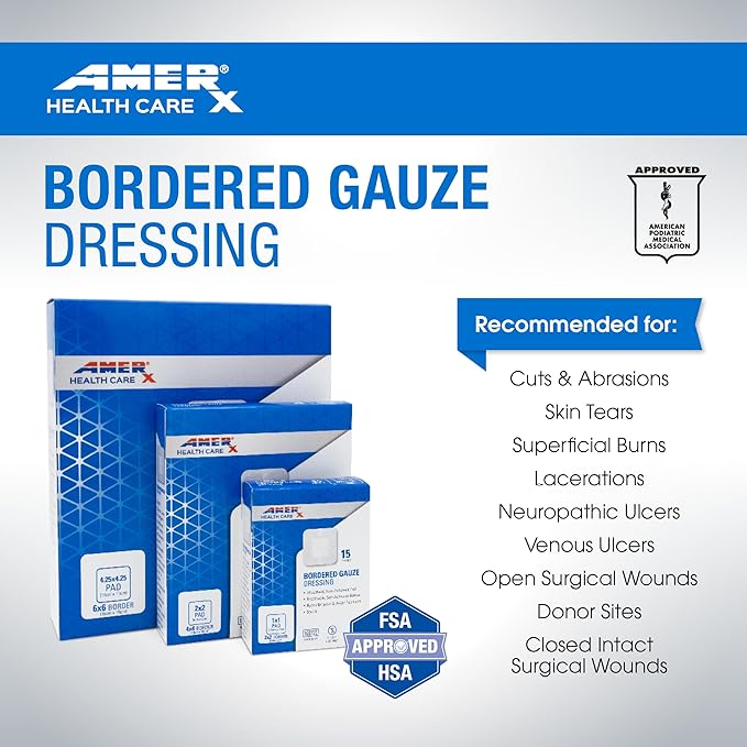 4" x 4" Dressing (2x2 Pad) AMERX Bordered Gauze - Adhesive Bandages - Water Resistant Barrier - Self Adhesive Border - Breathable, Hypoallergenic - 15 Pads Per Box