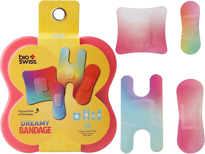 BioSwiss Kids Bandages, Assorted Size Gradient Print Shaped Self Adhesive Bandage Set, Latex Free Sterile Wound Care, 60 Count