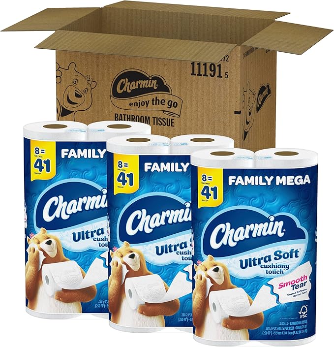 Charmin Ultra Soft Cushiony Touch Toilet Paper, 24 Family Mega Rolls = 123 Regular Rolls (Packaging May Vary)