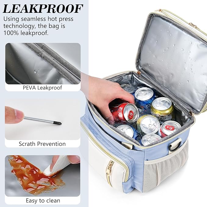 LOKASS Expandable Lunch Box for Women Men | Adult Lunchbag Cooler Tote Bag with Adjustable Shoulder Strap | Insulated Reusable Womens Lunch Bags for Work Camping Beach | 16L, Baby Blue