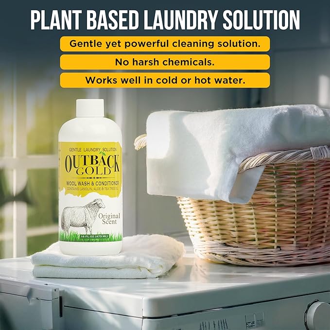 Outback Gold Wool Wash, 16 oz, Original Floral Scent, Plant Based, HE Compatible, Liquid Laundry Detergent, Perfect Soap for Wool, Cashmere, Silk, Sheepskin, Baby Items, Mild, Neutral pH, Made in USA
