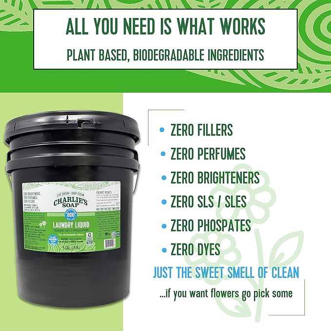 Charlie’s Soap Laundry Liquid Refill (800 Loads, 5 Gallon - 640 Fl Oz) Natural Deep Cleaning Hypoallergenic Laundry Detergent – Biodegradable Eco Friendly Sustainable Laundry Liquid