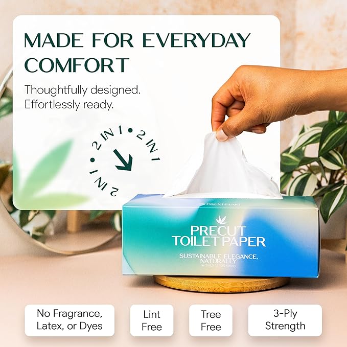 Pre-Cut Bamboo Toilet Paper – 3-Ply, Tissue Boxes – Gentle & Sustainable | No Fragrance, No BPA, No PFAS – Lint-Free | Septic Safe, Dissolves Fast | 12 Boxes (125 Sheets/Box) | PALM NAKI