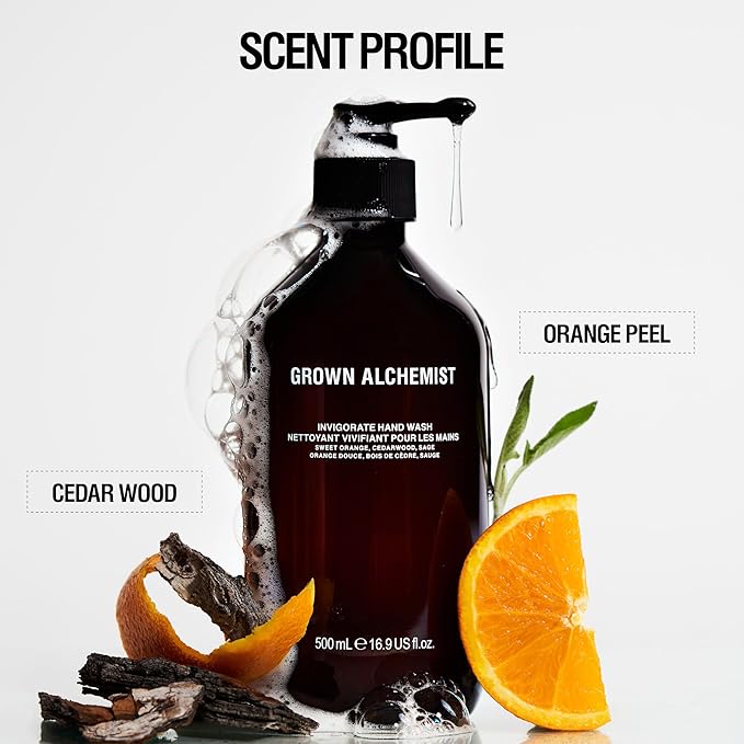 Grown Alchemist Invigorate Hand Wash – Liquid Hand Soap with Aloe, Sweet Orange, Cedarwood & Sage – Gentle, Moisturizing Kitchen & Bathroom Soap, Natural Plant Based Gel Cleanser, 500mL