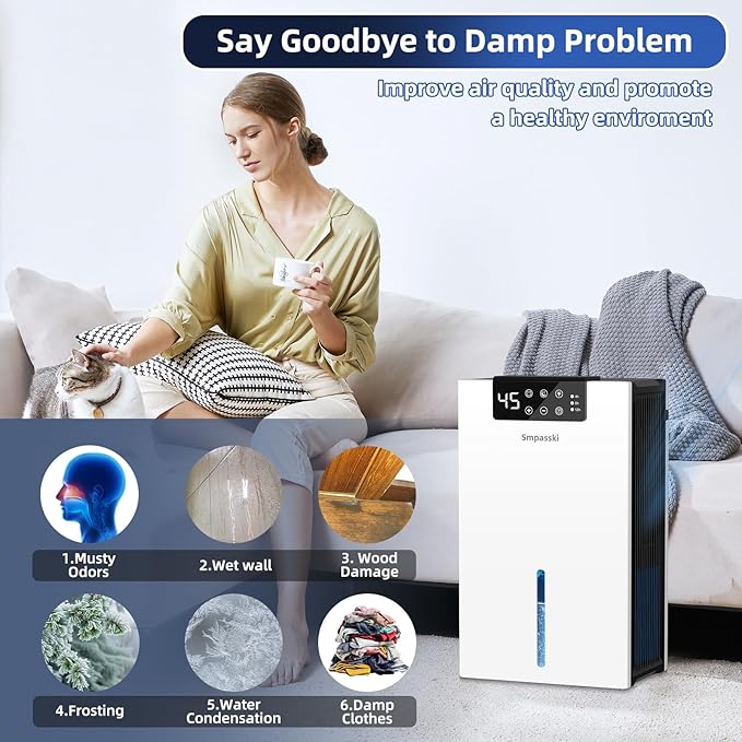 Dehumidifier, Dehumidifiers for Home(1000sq.ft), 98 OZ Water Tank, Dehumidifier Washable Air Filter, Dehumidifiers for Basement Bedroom Bathroom, Auto Shut Off, Timer Setting, 7 Colors Light, White