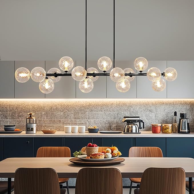 Large Chandeliers for Dining Room, 16-Light Modern Chandelier Sputnik Chandeliers Black Dining Room Light Fixture with Clear Globe Sputnik Ceiling Light Fixture Linear Chandelier over Kitchen Island