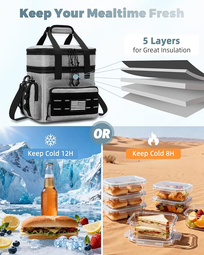 Tactical Lunch Bag & Lunch Box for Men - Large Double Deck Expandable Insulated Soft Adult Lunchbox for Work - Cooler Bag for Beach, Picnic, Camping,Outdoor，Travel (Gray,16L)