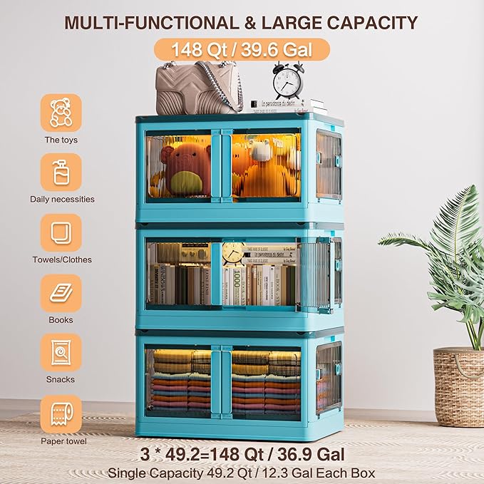 148QT Large Storage Bins with Lids, 36.9 Gal Plastic Stackable Storage Bins with Doors & Wheels, 5-Open Ways Collapsible Storage Bins for Closet Organizers and Storage-Room Office Livingroom Dorm