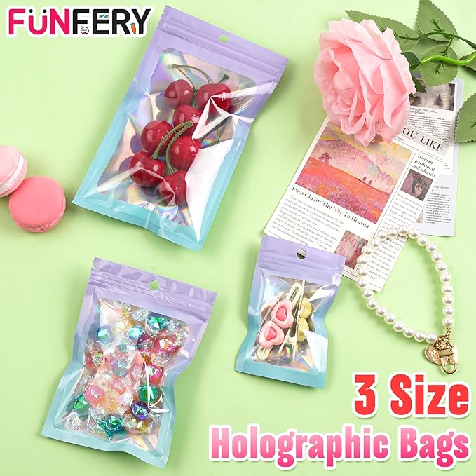 Funfery 300 Pack 3 Size Mylar Holographic Bags with Clear Window,Resealable Bag Smell Proof Foil Baggies Packaging Pouch for Food Storage,Sample,Small Business(Purple Blue,3x4.7,4x6,4.7x7.9in)