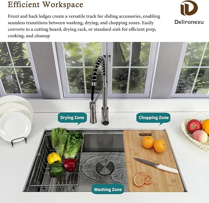 30 Inch Undermount Kitchen Sink Workstation, Delironexu 16 Gauge Stainless Steel Kitchen Sinks, 30''x18'' Single Bowl Undermount Sink with 6 Accessories, Multi-Functional Workstation Sinks