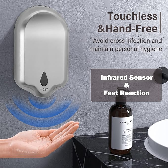 Commercial Gel Liquid Soap & Gel Hand Sanitizer Dispenser Automatic Touchless Wall Mounted for Commercial & Home Bathroom, Large Capacity 40.5 oz/1200 ml (Stainless Steel)