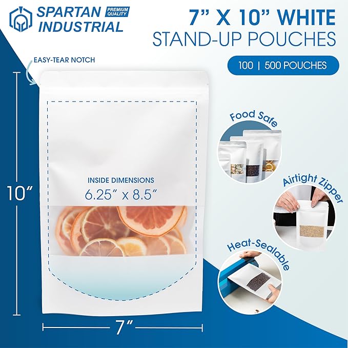 Spartan Industrial - 7" X 10" White Stand-Up Pouch Bags - Pack of 100 Large Smell-Proof Storage Bags for Bulk Food Packaging, Homemade Treats, Bath Products, and More