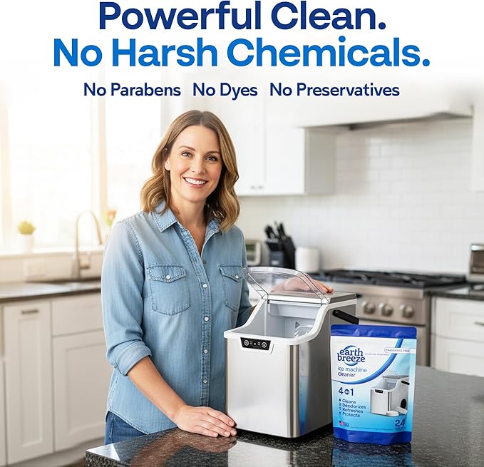 Earth Breeze Ice Machine Cleaner Tablets - 4-in-1 Cleans, Deodorizes, Refreshes & Protects – Fragrance Free, No Harsh Chemicals – Ice Maker Cleaner for Countertop & Commercial Machines - Made in USA