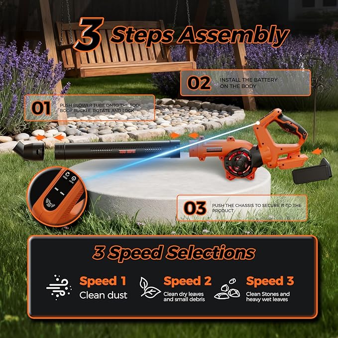 COMOWARE Leaf Blower Cordless, 210 CFM & 3 Speed Levels, Electric Cordless Leaf Blower with 4.0Ah Battery, 270° Adjustable Handle, 3 Nozzles, Blowers for Lawn Care, Yard, Blowing Leaves, Dust, Snow