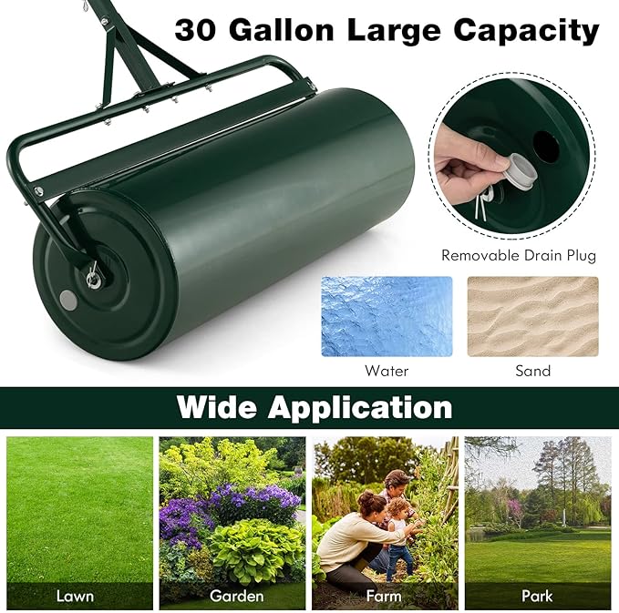 Goplus Lawn Roller, Push/Tow-Behind Lawn Roller, 30 Gallon/113L Water Sand Filled Sod Roller Drum Roller with Detachable Gripping Handle, Yard Roller Pull Behind a Tractor for Garden Yard Park Farm