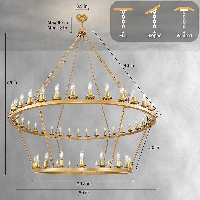 Wagon Wheel Chandelier, 2-Tier 54-Light Gold Extra Large Modern Rustic Farmhouse Chandelier Adjustable Height Light for High Ceiling Living Room, Entryways, Foyer, Dining Room