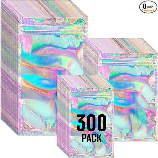 Funfery 300 Pack 3 Size Mylar Holographic Bags with Clear Window,Resealable Bag Smell Proof Foil Baggies Packaging Pouch for Food Storage,Sample,Small Business(Holographic,3x4.7,4x6,4.7x7.9in)