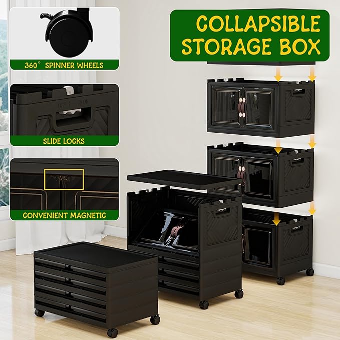 Storage Bins with Lids and Wheels, Collapsible Bathroom Storage Cabinet with Clear Doors, Plastic Stackable Closet Organizers and Storage Containers Black 597 QT