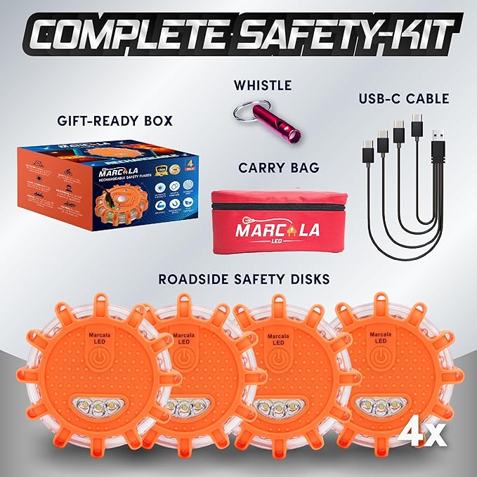 Marcala 4-Pack Rechargeable LED Emergency Road Flares | Large 1200mah Battery for Longer Run Time | Red Diode Road Emergency Light for High Visibility | Rechargeable LED Flares w/Included USB-C Cable