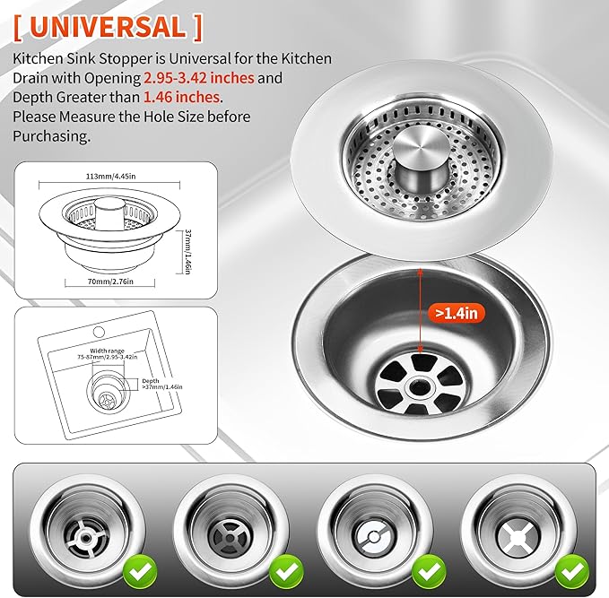 3-in-1 Kitchen Sink Drain Strainer with Bounce Core - Universal Stainless Steel Drain Stopper 2-Pack, Easy to Install & Clean, Upgraded Design