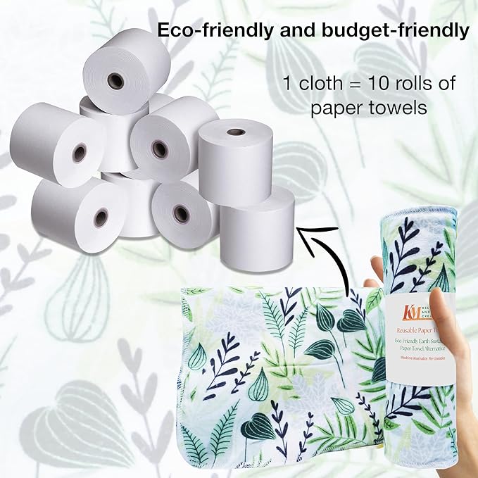 Pack of 10 Reusable Paper Towels | 10x10 Inch Cotton Towels | Kitchen Utensils Print | Eco Friendly, Washable, Quick Drying | Sustainable Cleaning Cloths | Green Fern Leaves
