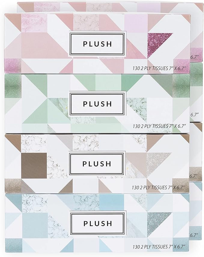 Plush Facial Tissues 130 Per Box Size 7" X 6.9" 2 Ply,Soft, Smooth, Great for Bathroom, Office, Store, School,Home, Kitchen, Or in Your Car & in Every Room (Family pack Pack of 8, 1040 Tissues total)