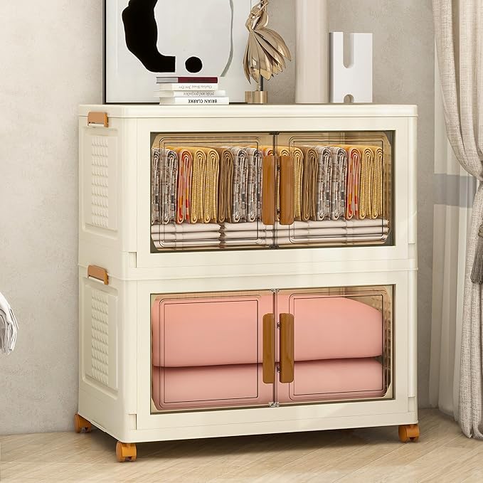 Plastic Stackable Storage Bins with Lids and Wheels, Foldable Closet Organizers and Storage Containers, Collapsible Clear Drawer Storage Cabinet with Doors Ivory White 360 QT