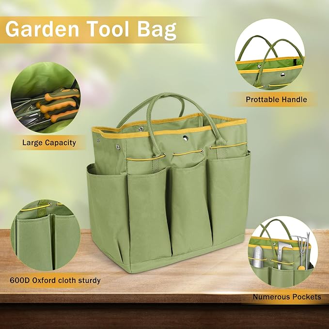 Garden Tool Set, WisaKey 9 Piece Stainless Steel Heavy Duty Gardening Hand Tools with Handle, Durable Garden Tool Bag, Gardening Gifts for Women and Men White Elephant Gifts