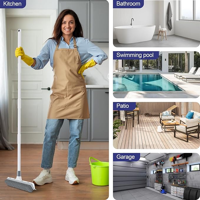 Floor Scrub Brush with 60 inch Long Handle, 2 in 1 Heavy Duty Stiff Bristle Floor Scrubber Brush and Scraper for Cleaning Shower, Tile, Bathroom, Kitchen, Deck, Garage, Patio