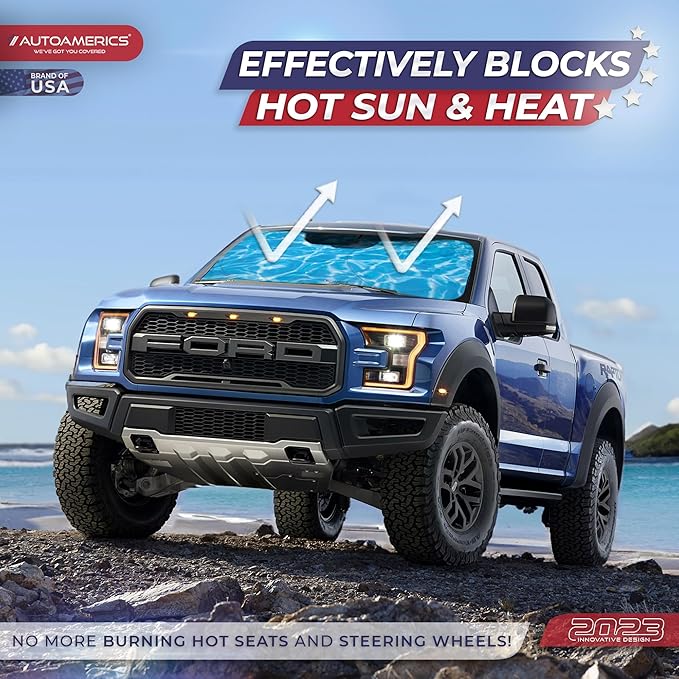1-Piece Windshield Sun Shade - Foldable Car Front Window Sunshade for Cars SUV Truck Heat Blocker Visor Protector Blocks Max UV Rays and Keeps Your Vehicle Cool (X-Large = 66 x 36 inches, Water)