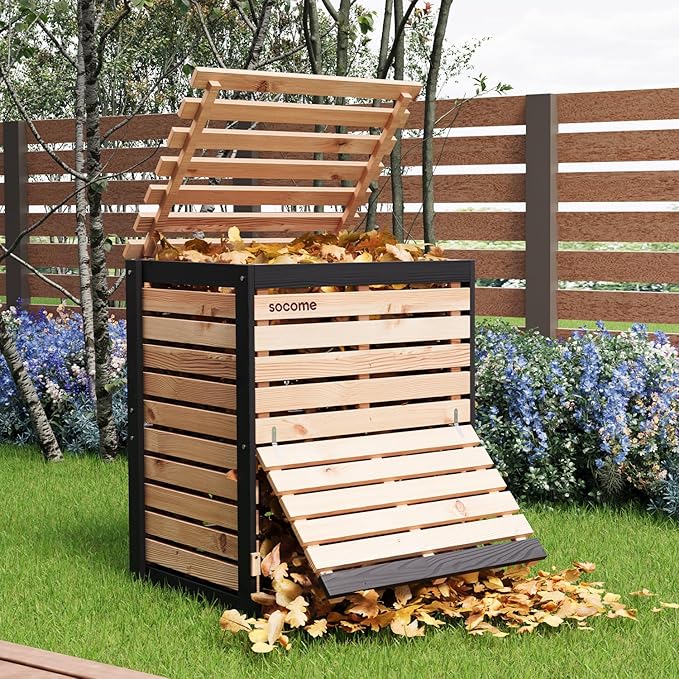95 Gallon Solid Wood Composter, Outdoor Compost Bin with Pull-Out Door, Large Composting Bin for Backyard, Garden, Patio, Natural
