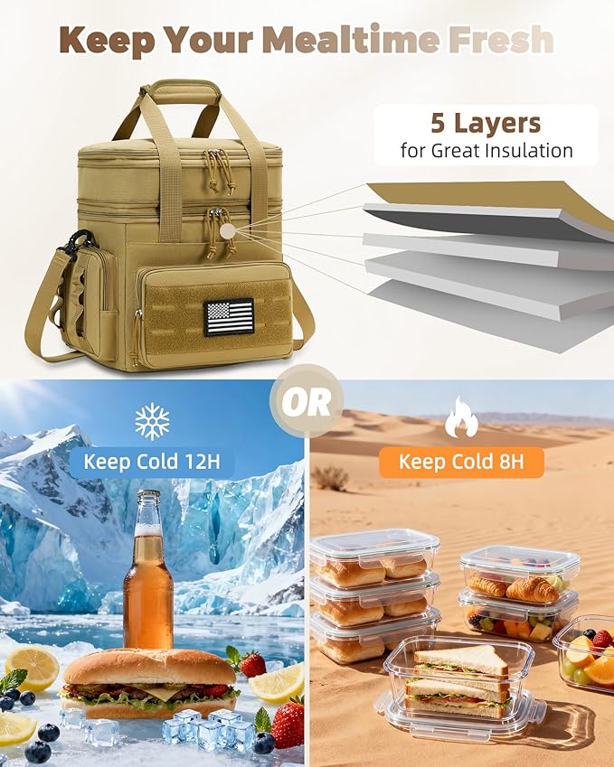 Tactical Lunch Bag & Lunch Box for Men - Large Double Deck Expandable Insulated Soft Adult Lunchbox for Work - Cooler Bag for Beach, Picnic, Camping,Outdoor，Travel (Brown,16L)