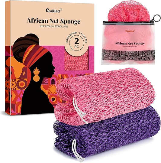 CORATED African Net Sponge Authentic, Shower Loofah Exfoliating Bath Sponge, Body Scrubber for Women and Men Daily Use Body Care, Travel Portable, Durable Bath Accessories for Bathroom (Pink & Purple)