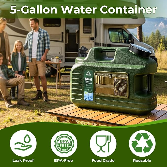 5 Gallon Water Jug, Camping Water Container, BPA Free Portable Water Dispenser with Spigot, Leak-Proof Large Camping Water Jug for Emergency Storage, Outdoor, Hiking, Road Trips