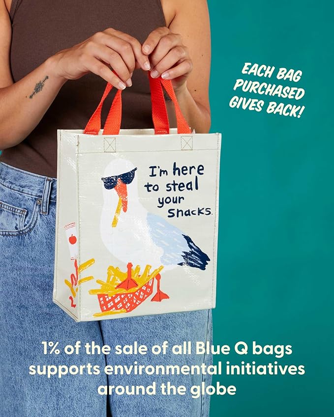 Blue Q Handy Tote - I'm Here to Steal Your Snacks. Reusable lunch sack, little gift bag, sneaky seagull design, sturdy and easy-to-wipe-clean, made from 95% recycled material, 10" h x 8.5" w x 4.5" d
